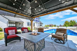View of 20x40 vinyl sports liner salt water pool, a gazebo, a patio, and a fenced backyard