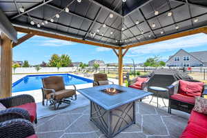 View of 20x40 vinyl sports liner salt water pool, a gazebo, a patio, and a fenced backyard