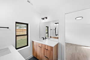 Bathroom featuring two vanities, visible vents, a sink, and wood finished floors