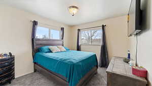 Bedroom with carpet flooring and baseboards