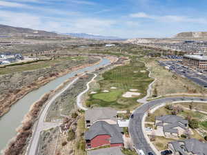 Bird's eye view with a water and mountain view