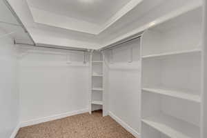 Walk in closet featuring light colored carpet