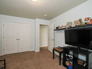 Carpeted bedroom with a textured ceiling, a closet, and baseboards