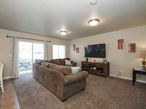 Living room with carpet floors, baseboards, and a textured ceiling