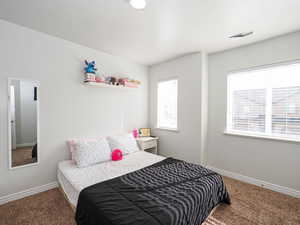Bedroom featuring carpet flooring, baseboards, and visible vents