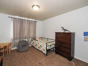 Bedroom with carpet flooring, visible vents, a textured ceiling, and baseboards