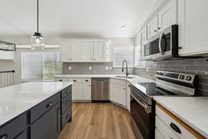 Kitchen featuring light wood-style flooring, white cabinetry, a sink, and appliances with stainless steel finishes
