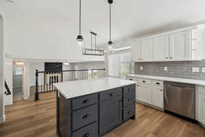Kitchen featuring stainless steel dishwasher, light wood-type flooring, and white cabinetry