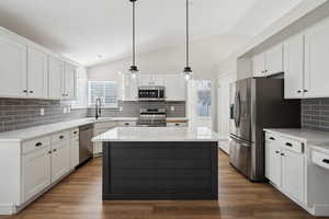 Kitchen featuring appliances with stainless steel finishes, a sink, dark wood-style floors, and white cabinets