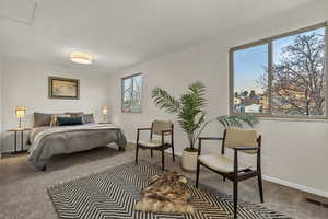Bedroom featuring visible vents, baseboards, and carpet floors