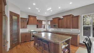 Kitchen featuring a center island, a sink, appliances with stainless steel finishes, premium range hood, and light wood finished floors