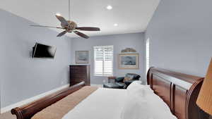 Bedroom with ceiling fan, baseboards, and recessed lighting