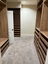 Spacious closet featuring light colored carpet