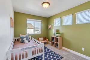 Carpeted bedroom featuring visible vents and baseboards