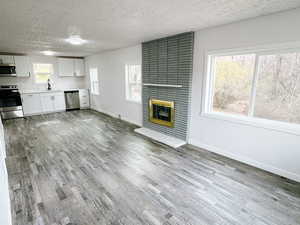 Unfurnished living room featuring a sink, baseboards, wood finished floors, and a textured ceiling