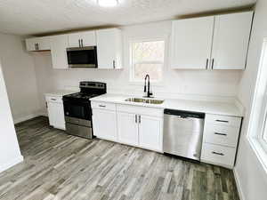 Kitchen featuring light wood finished floors, a sink, white cabinets, and stainless steel appliances
