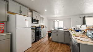 Kitchen with a notable chandelier, gray cabinets, light countertops, stainless steel appliances, and wood finished floors