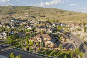 Aerial view of residential area with a mountain backdrop