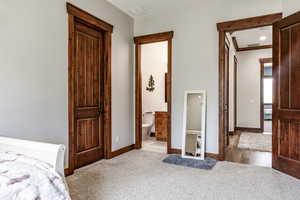 Bedroom featuring carpet floors and connected bathroom