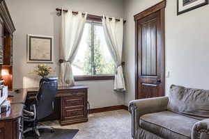 Home office with light colored carpet and baseboards