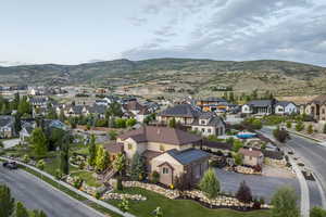 Aerial view of residential area with mountains