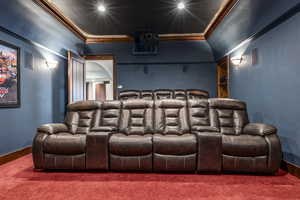 Home theater room featuring ornamental molding and carpet