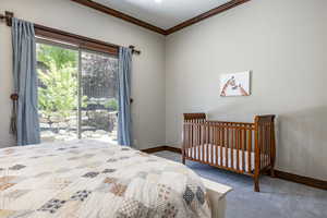 Bedroom with carpet flooring and crown molding