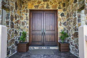Doorway to property with stone siding