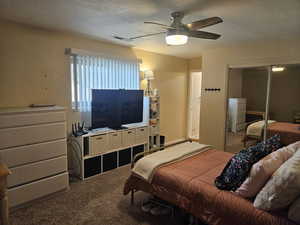 Carpeted bedroom with a closet, a ceiling fan, and a textured ceiling