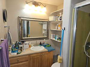 Full bath with vanity and a stall shower
