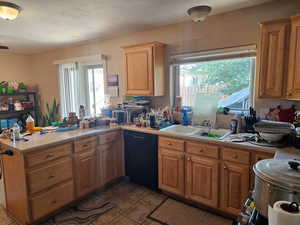 Kitchen with dishwasher, light countertops, a peninsula, and healthy amount of natural light