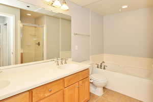 Full bath with a garden tub, toilet, a sink, a stall shower, and double vanity