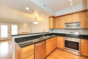 Kitchen with a peninsula, a raised ceiling, stainless steel appliances, light wood finished floors, and a sink