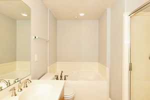 Bathroom featuring vanity, a stall shower, a garden tub, and toilet