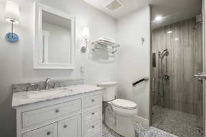 Full bath with toilet, a stall shower, vanity, and visible vents
