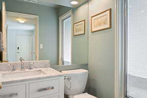 Bathroom featuring toilet, vanity, and visible vents