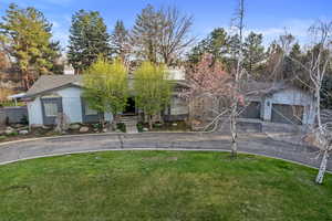 View of front of house with curved driveway, a front yard, and a chimney