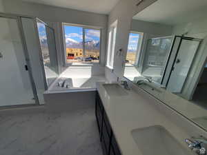 Primay Bathroom with dual sink,s seperate tub and shower