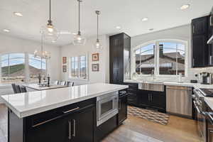 Kitchen with stainless steel appliances, tasteful backsplash, dark cabinets, and a sink