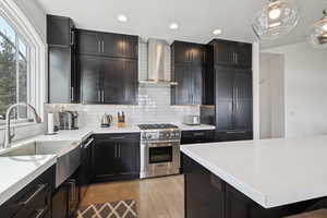 Kitchen featuring high quality appliances, wall chimney range hood, light wood-style flooring, backsplash, and a sink