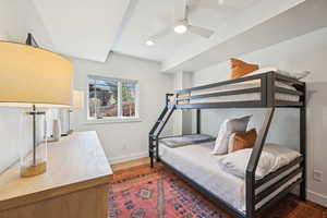 Bedroom with recessed lighting, visible vents, baseboards, and wood finished floors