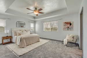 Carpeted bedroom featuring a tray ceiling, baseboards, and a ceiling fan
