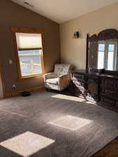 Living area with vaulted ceiling, visible vents, and carpet floors