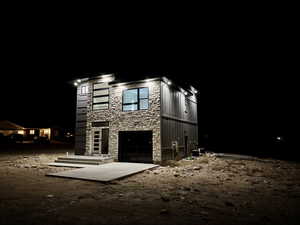 Exterior space with stone siding