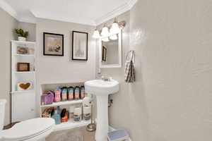 Half bathroom featuring a textured wall, tile patterned flooring, ornamental molding, and toilet