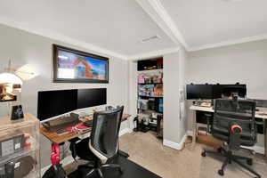 Carpeted office with baseboards, ornamental molding, and visible vents