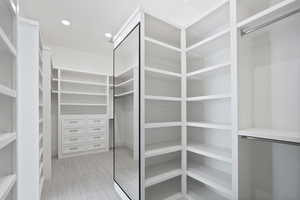 Walk in closet featuring light carpet