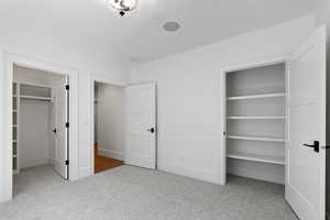Unfurnished bedroom featuring carpet floors, baseboards, a closet, and a spacious closet