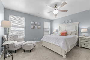 Bedroom featuring baseboards, visible vents, light colored carpet, and multiple windows