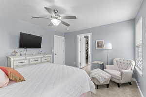 Bedroom featuring light carpet, ceiling fan, baseboards, and a spacious closet